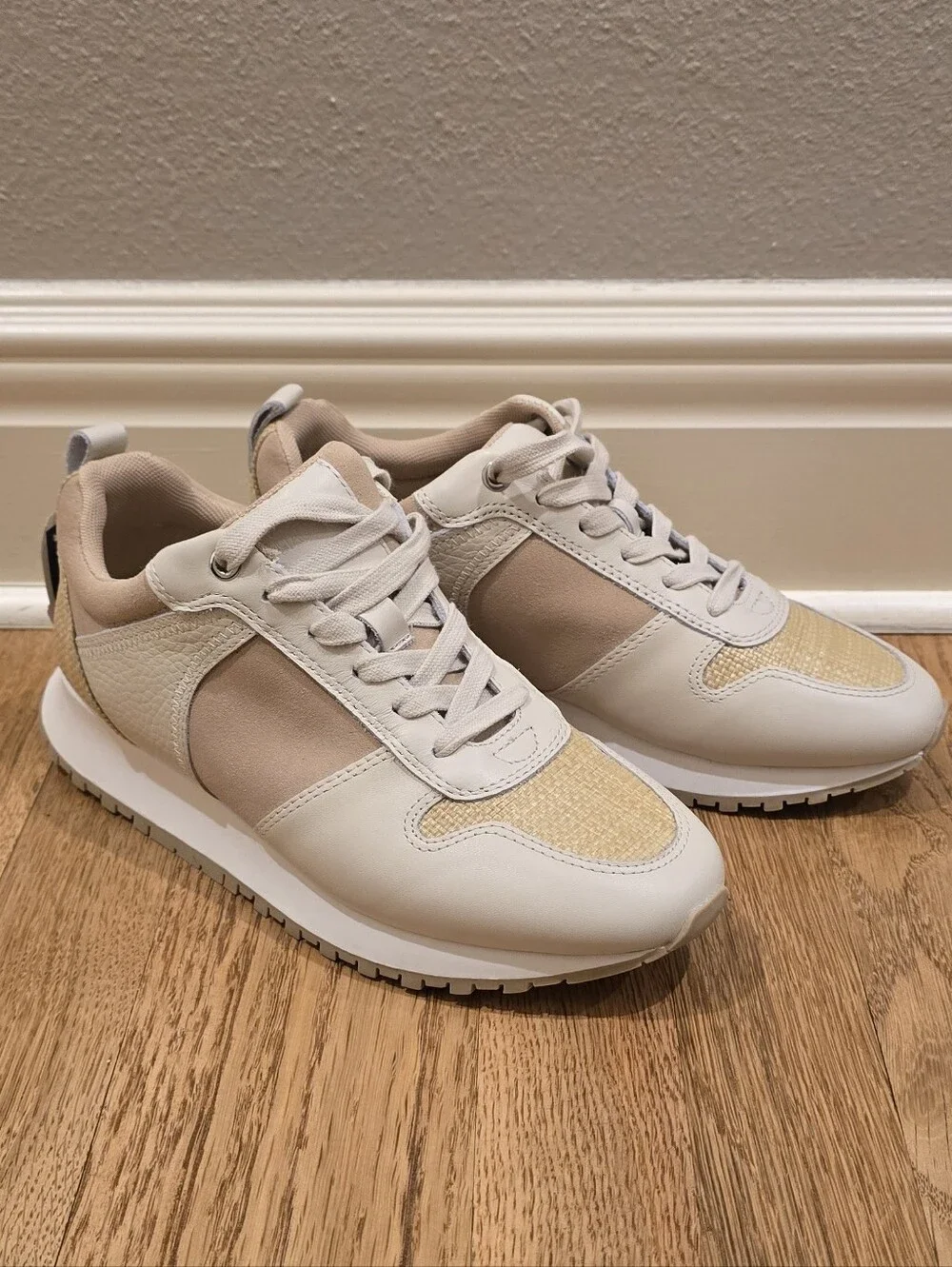 J.McLaughlin Emerson Suede Leather Grasscloth Sneaker Luxury Ivory New Sz 8